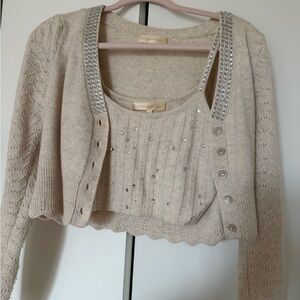 LoveShackFancy Cream Rhinestone Cropped Sweater Cardigan Set